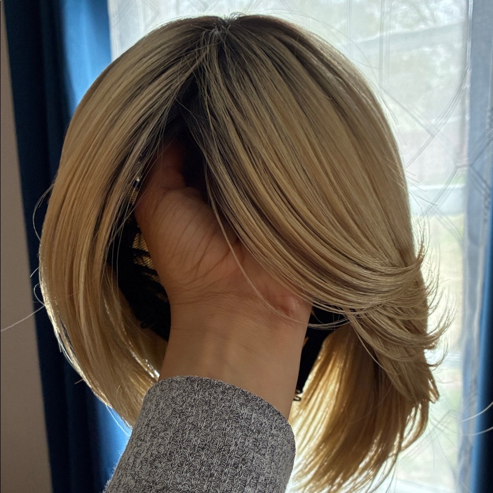 Blonde Layered Bob Wig w/ Dark Roots - Realistic Part, Shoulder Length
